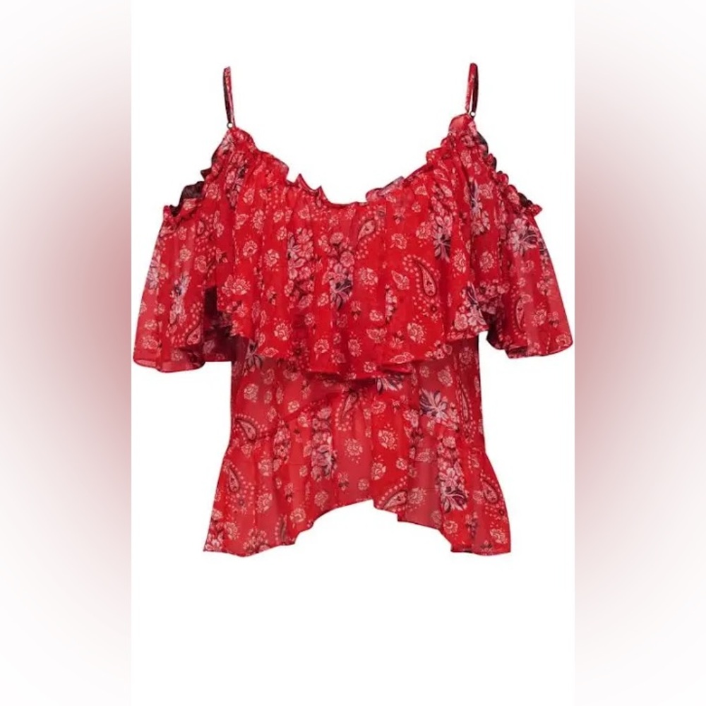 MISA Los Angeles - Red Paisley Cold Shoulder Ruffled Blouse